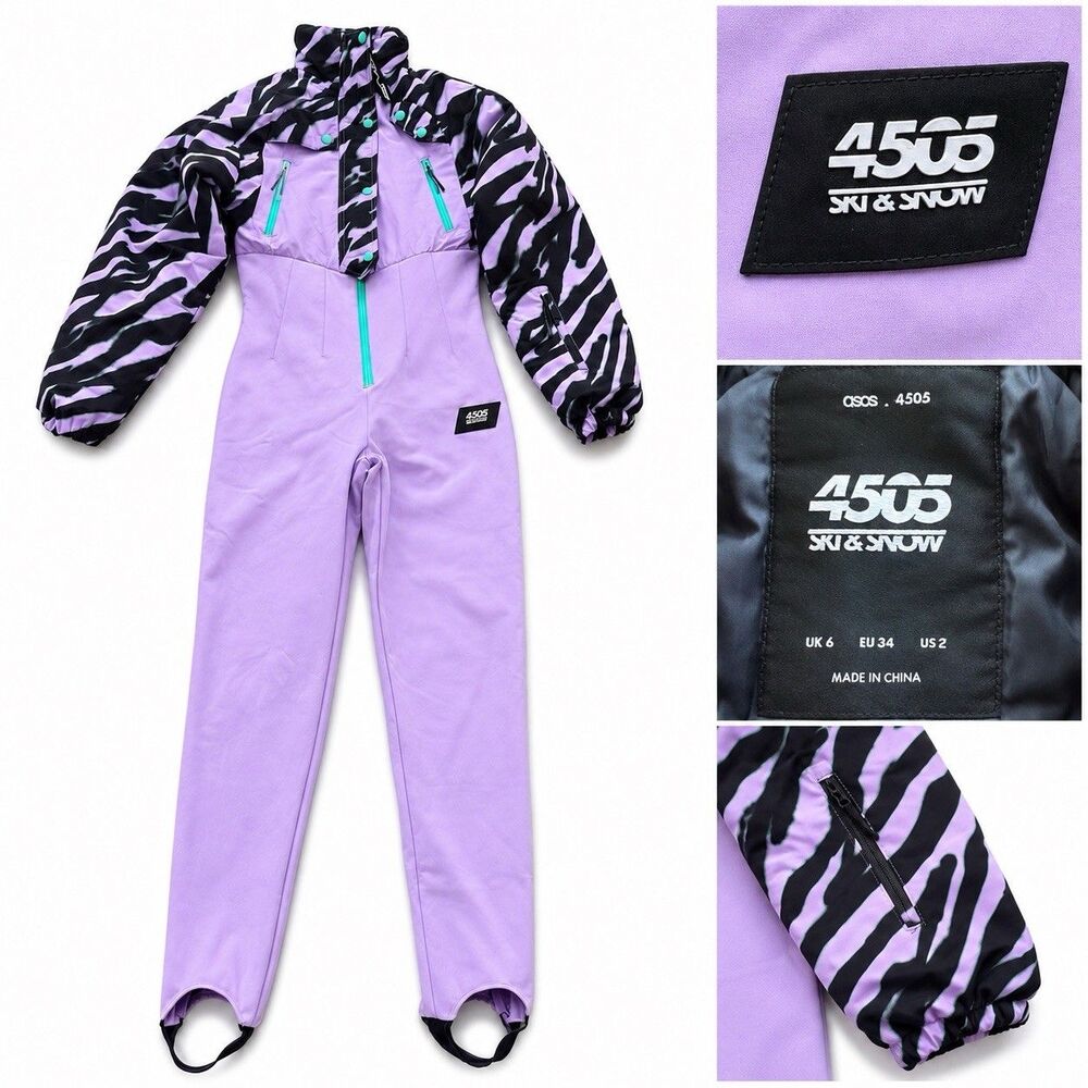 ASOS 4505 Womens Ski Suit US 2 Purple Black One Piece Snowsuit Winter Snow Bib